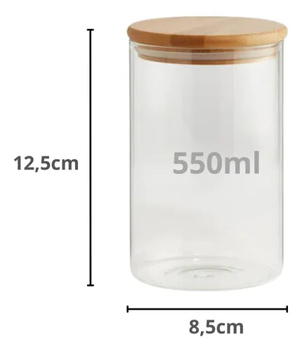 Kit Potes De Vidro Hermético 550ml Tampa De Bambu 6 Peças