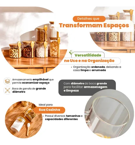 Kit 3 Pote De Vidro Com Tampa Bambu E Colher 450ml Redondo