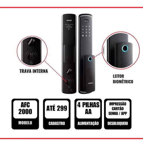 Fechadura Eletrônica Digital com Senha Biometria Digital e Cartão PT Wi-Fi Teclado Touch Screen e Bateria Recarregável Amvox Afc 2000