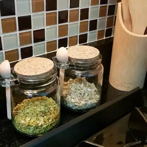 10 Potes De Vidro Com Colher De Madeira E Tampa De Rolha