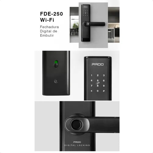Fechadura Digital Pado Fde 250 Wifi Tuya Biometria Senha Tag Preta