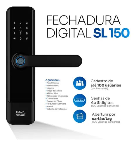 Fechadura Eletrônica Sl150 De Embutir Com Biometria Papaiz