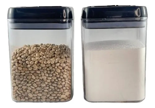 2 Potes Mantimentos Acrílico Quadrado 1,7 L Tampa Preta
