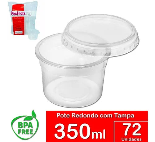 Pote Redondo Descartável 350ml Freezer Microondas Tampa 72un Cor Transparente