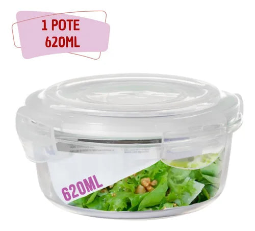 Pote Vidro 620ml Redondo Marmita Não Vaza Tampa Hermético