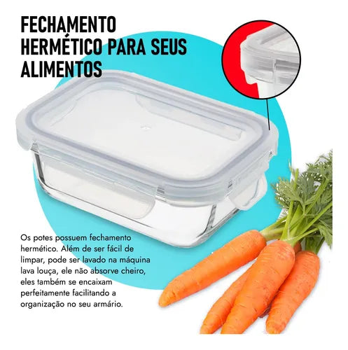 Kit 4 Potes 1040ml Hermético Vidro Marmita Com 4 Travas
