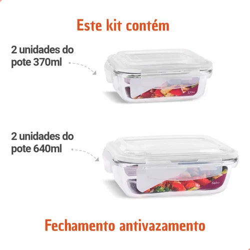 Kit 4 Potes Hermético Vidro 370ml + 640ml Marmita Papinha