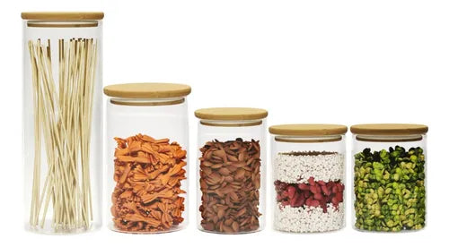 Kit 5 Potes Hermético Em Vidro Tampa Bambu Tamanho Grande