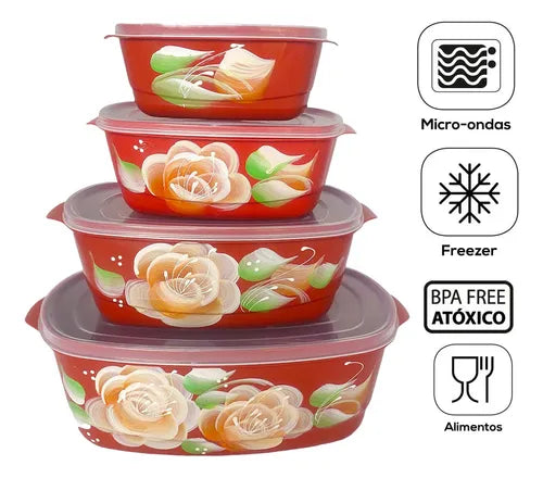 Kit Potes Decorado Hermético 4 Pçs Freezer Microondas Tampa Cor Vermelho Flor Laranja