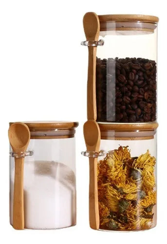 3 Pote Vidro C/ Tampa Bambu E Colher Hermético Redondo 600ml