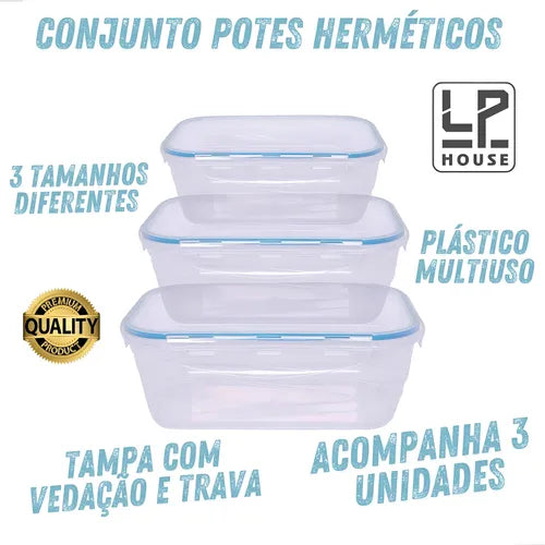 Jogo 3 Potes Transparente Vedação Tampa Hermética Marmitas