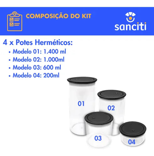 Potes De Acrílico Kit 4peças Tampa Hermética Transparente