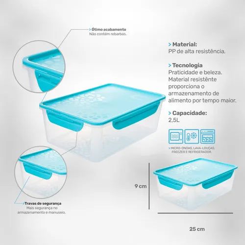 Potes Herméticos 2,5l 6un Grande Resistente Tampa C Travas