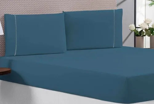 Jogo De Lençol Para Cama Casal Super King Size 400 Fios Cor Azul-marinho Desenho Do Tecido Liso Detalhe Ponto Palito
