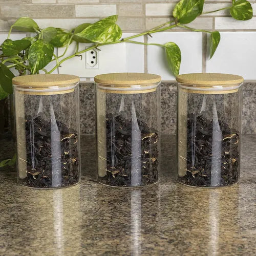 Kit 3 Potes De Condimentos Mantimentos Alimentos De Vidro Com Tampa Hermética De Bambu Organizadores Cozinha Restaurantes