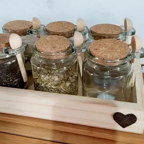 10 Potes De Vidro Com Colher De Madeira E Tampa De Rolha