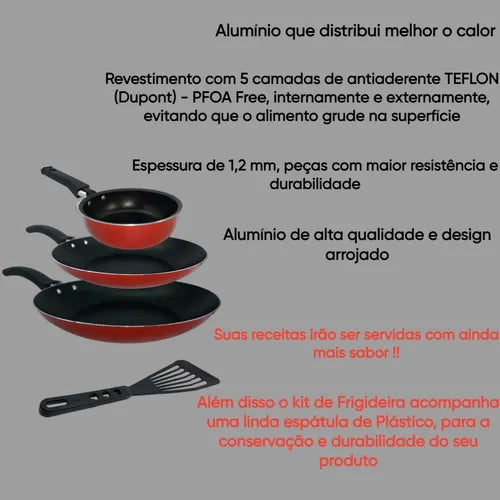 Conjunto De Frigideira 3 Pçs Antiaderente Techflon Nacional Cor Cereja