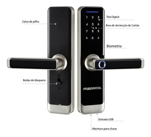 Fechadura Inteligente Wifi Biométrica Eletrônica Digital Touch NovaDigital SL06 Tuya Smart Life Preto Prata