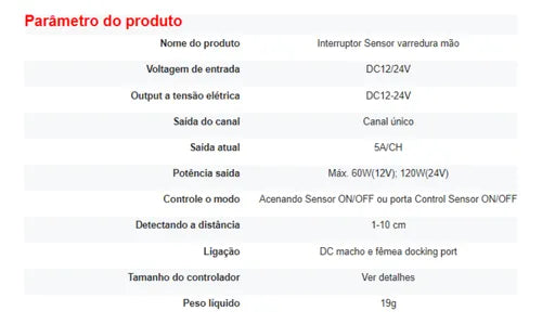 Sensor De Movimento 12v Para Fita Led 5a Móveis Armários Top
