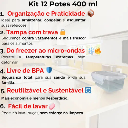 Kit 12 Pote Marmita Reutilizável Comida Congelador Freezer