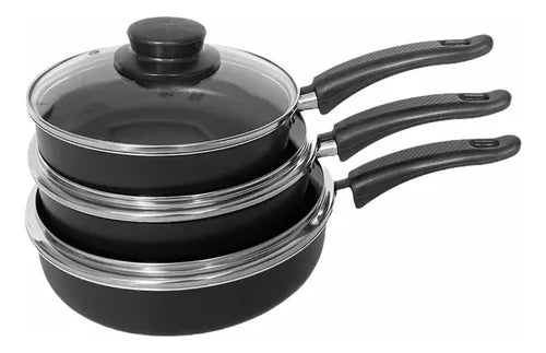 Conjunto Frigideira Antiaderente 3 Peças Com Tampa De Vidro Cor Preto