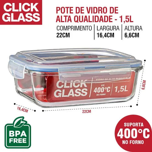 Kit 2 Potes De Vidro 100% Herméticos 1,5l Click Glass PV Cor Transparente