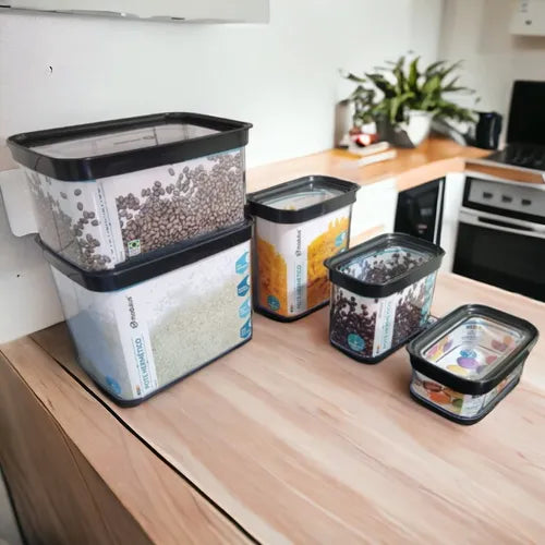 Kit Cozinha 5 Potes Herméticos Para Mantimentos Cor Preto