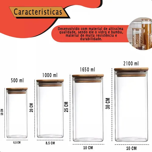 Kit 4 Potes Herméticos De Vidro E Tampa De Bambu Massas Condimentos Temperos