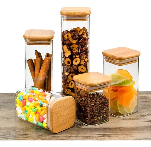 Kit 6 Potes Vidro Hermetico C/ Tampa Bambu Quadrado 300ml