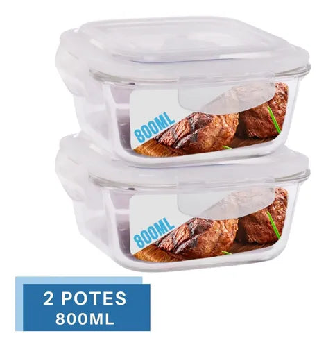 Conjunto 2 Pote Vidro 800ml Hermético Marmita Tampa 4 Travas