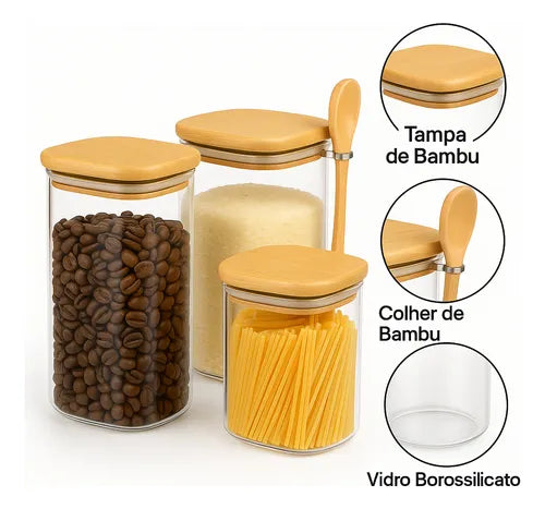 Kit 3 Potes De Vidro Tampa E Colher De Bambu Transparente