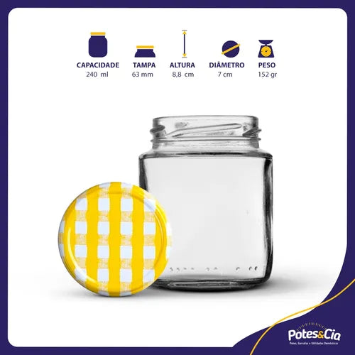 12 Potes De Vidro Belém 240ml Com Tampas Metálicas E Lacres Cor Amarelo Xadrez