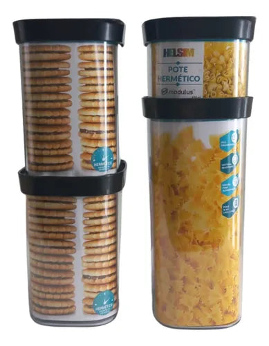 Jogo 4 Potes Herméticos 3 Tamanhos - 450, 1000 E 1500ml Cor Preto