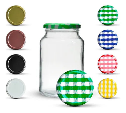 15 Potes De Vidro Conserva 600ml + Tampas Metálicas E Lacres Cor Verde Xadrez