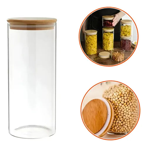 Pote Vidro 300ml Hermetico Tampa Bambu Premium Graos Cereais