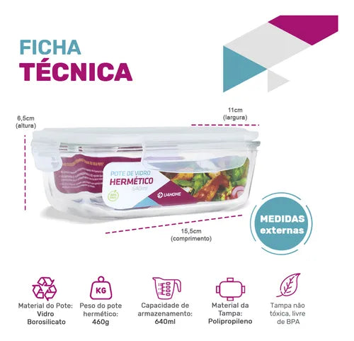 Quentinha Silicone Conjunto 4 Potes Vidro Hermético Marmita Mantimentos 640ml Cor Branco