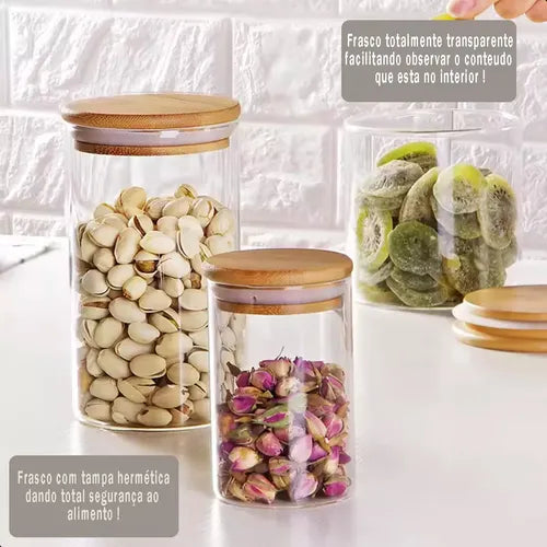 Kit 4 Potes Herméticos De Vidro E Tampa De Bambu Massas Condimentos Temperos