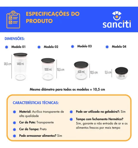 Potes De Acrílico Kit 4peças Tampa Hermética Transparente