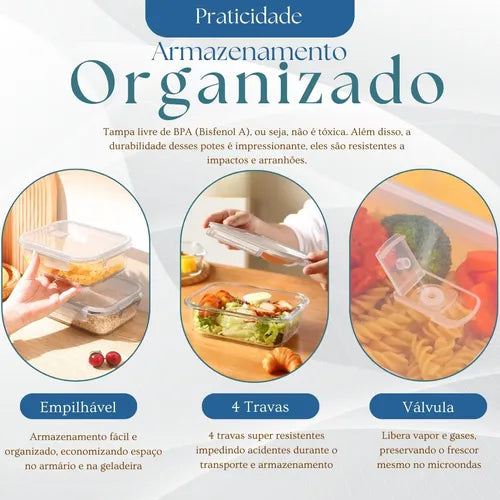 Kit 05 Marmita Pote Vidro Hermético Vidro Tampa Trava 340ml
