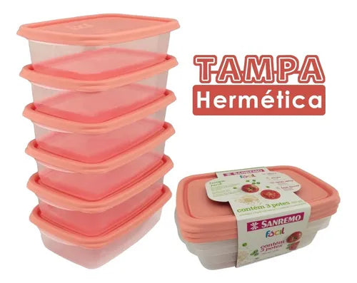 Kit Potes Plastico 12 Sanremo 785ml Freezer Microondas Cor Salmão