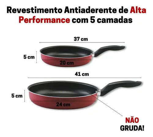 Kit Frigideira Antiaderente Magnífica Com Tampa De Vidro Cor Vermelho Com Preto