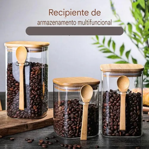 Kit 3 Potes De Vidro Tampa E Colher De Bambu Transparente
