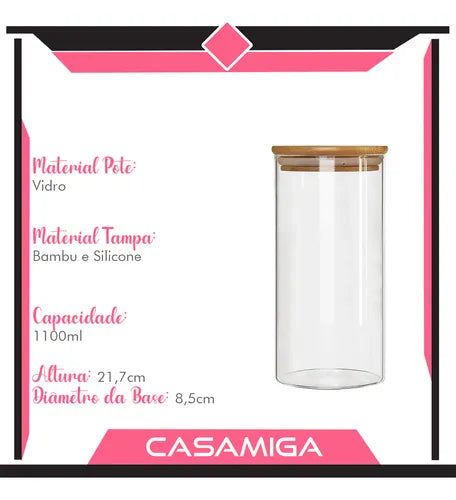Kit 3 Potes Borossilicato Hermético Tampa Bambu 1100ml Class