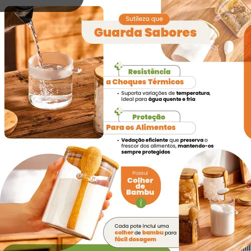 Kit 3 Pote De Vidro Com Tampa Bambu E Colher 450ml Redondo