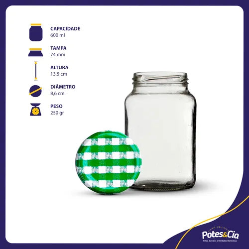 15 Potes De Vidro Conserva 600ml + Tampas Metálicas E Lacres Cor Verde Xadrez