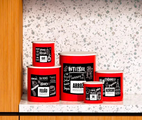Kit 5 Potes De Mantimentos Plástico Decorado Preto Pb Frases Cor Conjunto Com 5 Verm Pb Frases