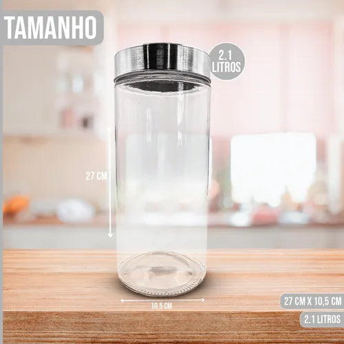 Jogo 3 Pote Vidro Liso 2100ml Tampa Aço Inox Rdeondo Grande