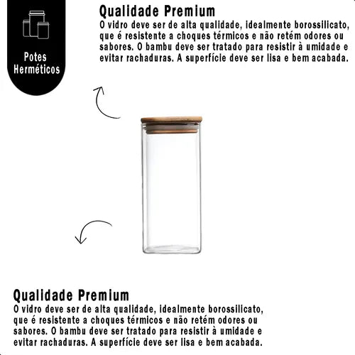 Kit 4 Potes Herméticos De 500 Ml Com Tampa De Bambu Condimentos Organizadora