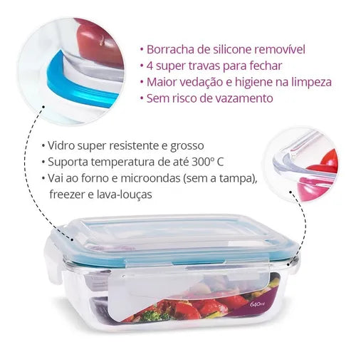 Conjunto 6 Potes Herméticos Vidro 640ml - Trava Resistente