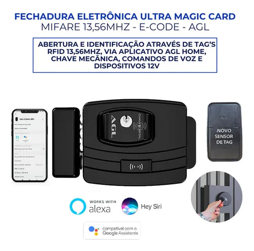 Fechadura de Portao Wifi Agl Ultra Magic Card Chave Ecode Preto
